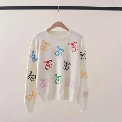 Maeve & Co Women's Cherry Jumper - Embroidered Crew Neck Loose Knit Pullover