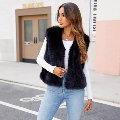 Maeve & Co Women's Faux Fur Jacket - V-Neck Short Fur Jacket with Pockets