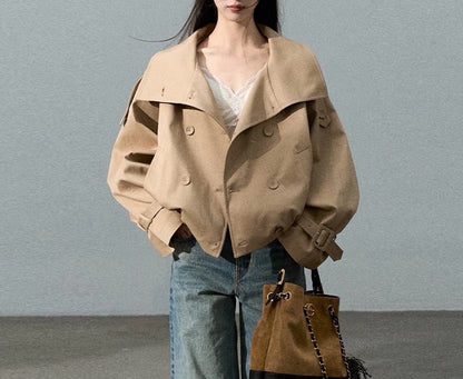 Maeve Women's Trench Coat - Single-Breasted Lapel Cotton Stretch, Khaki