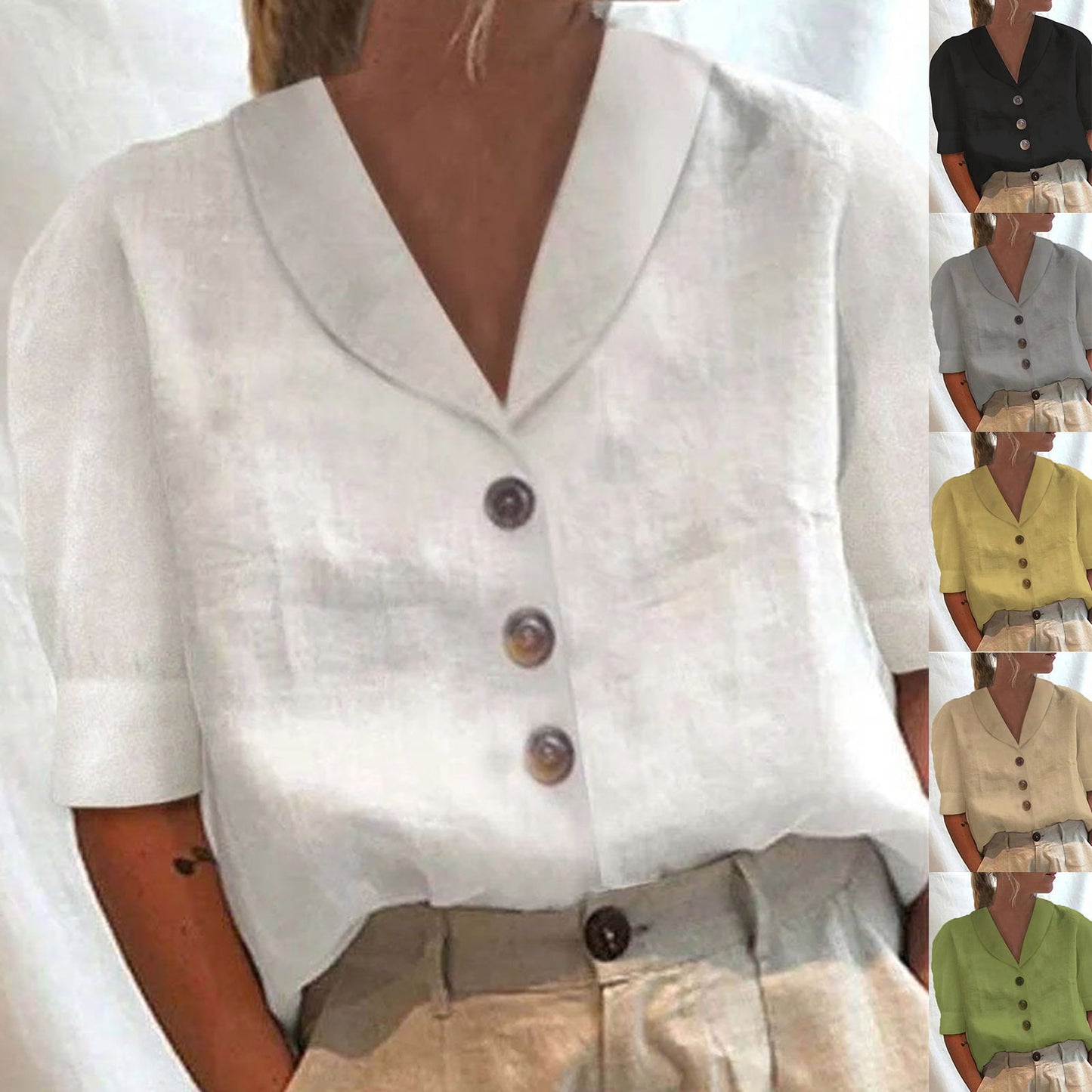 Women's Linen Blouse Cotton Linen, Lapel Collar, Button Front, Short Sleeve