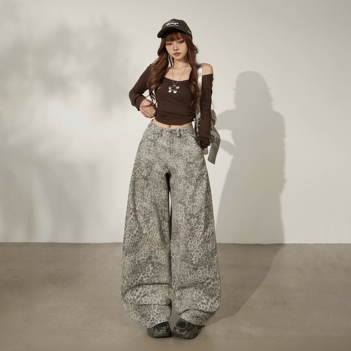 Maeve & Co Women's Leopard Print Jeans - High-Waisted Wide-Leg Floor-Length Denim