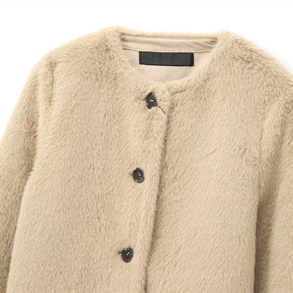 Maeve & Co Women's Faux Fur Jacket - Collarless Button-Front Short Jacket, Beige