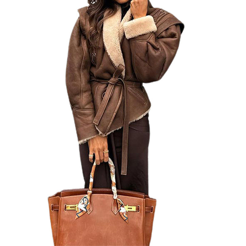 Maeve & Co Women's Belted Coat - Turn-Down Collar Winter Jacket, Long Sleeve, Brown