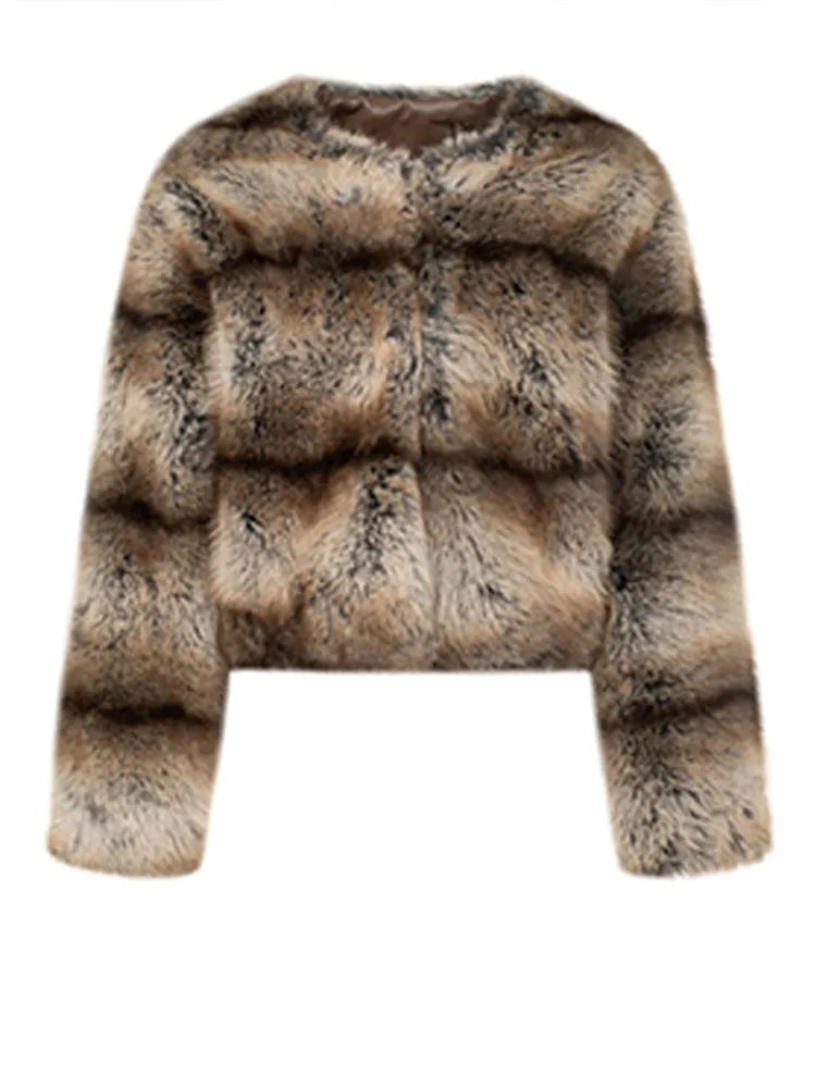 Maeve & Co Women's Faux Fur Coat - Striped Short Faux Mink Jacket, Relaxed Fit, Brown
