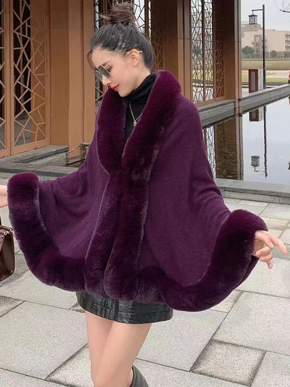 Maeve & Co Women's Faux Fur Trim Cape - Open-Front Poncho Coat
