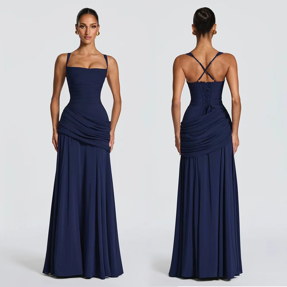 Women's Maxi Dress  Chiffon, Square Neck, Ruched Bodice, Lace-Up Back