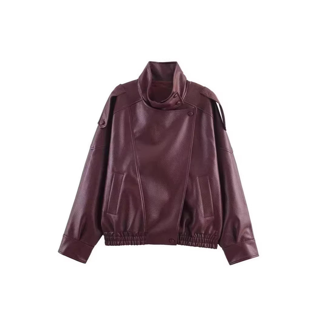 Maeve Women's Leather Jacket - High-Neck Vintage Long-Sleeve Autumn-Weight