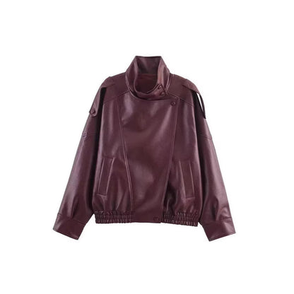 Maeve Women's Leather Jacket - High-Neck Vintage Long-Sleeve Autumn-Weight