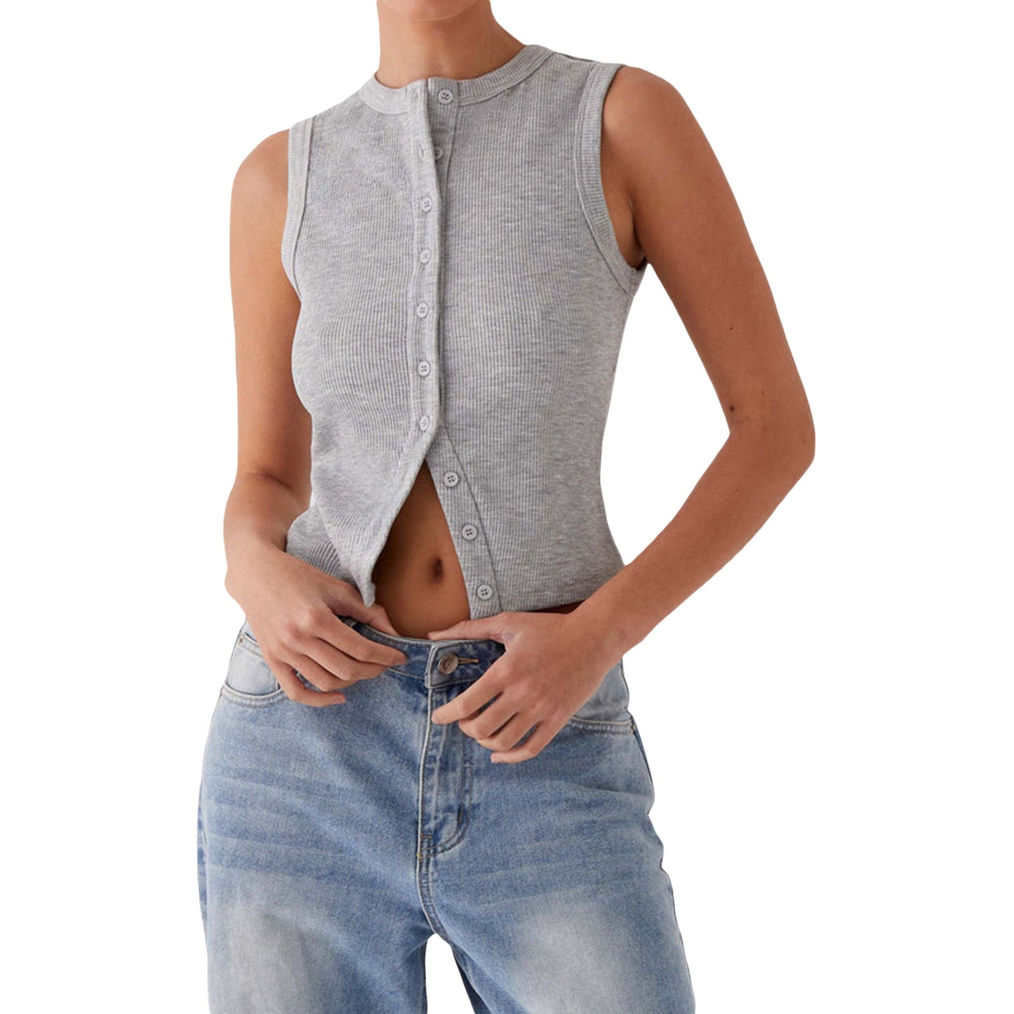 Women's Button Vest Top  Fitted, V Hem, Sleeveless, Going Out Top