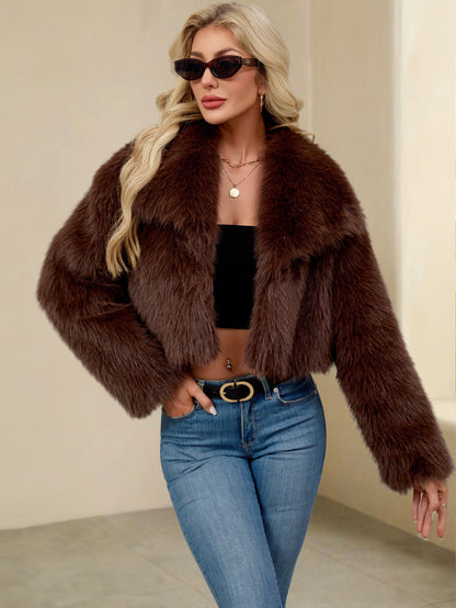 Maeve & Co Women's Faux Fur Jacket - Wide Collar Short Fur Coat with Pockets