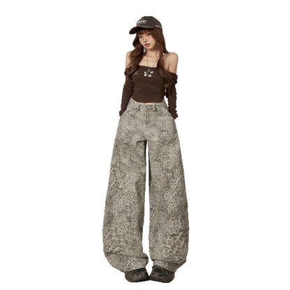 Maeve & Co Women's Leopard Print Jeans - High-Waisted Wide-Leg Floor-Length Denim