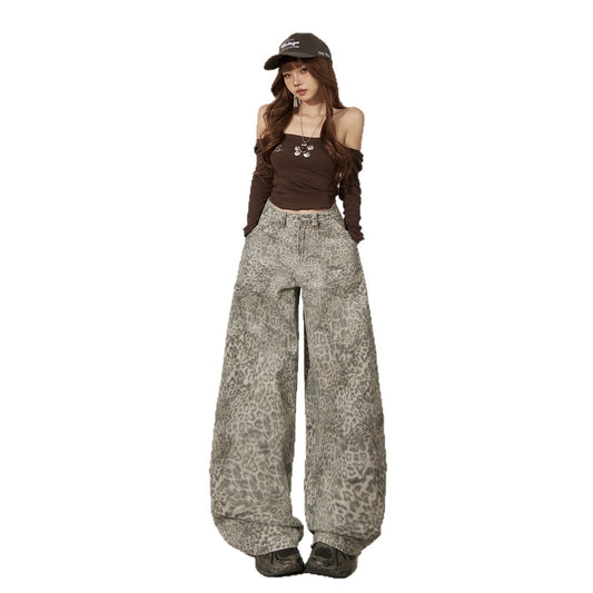Maeve & Co Women's Leopard Print Jeans - High-Waisted Wide-Leg Floor-Length Denim