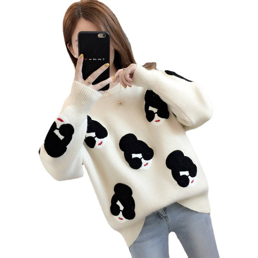 Maeve & Co Women's Embroidered Jumper - Oversized Lantern Sleeve Chunky Knit Pullover