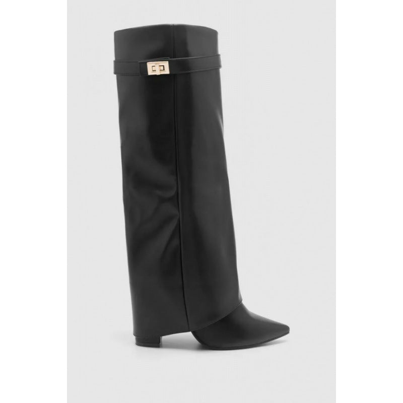 Maeve Women's Fold-Over Wedge Boots - Pointed Shark-Lock, Knee-High