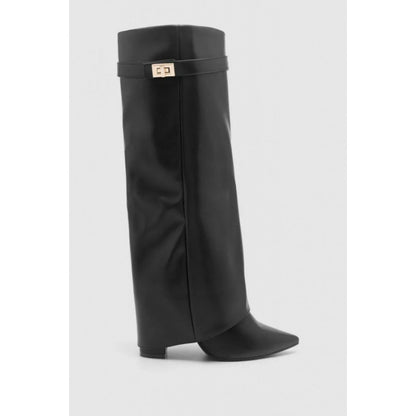 Maeve Women's Fold-Over Wedge Boots - Pointed Shark-Lock, Knee-High
