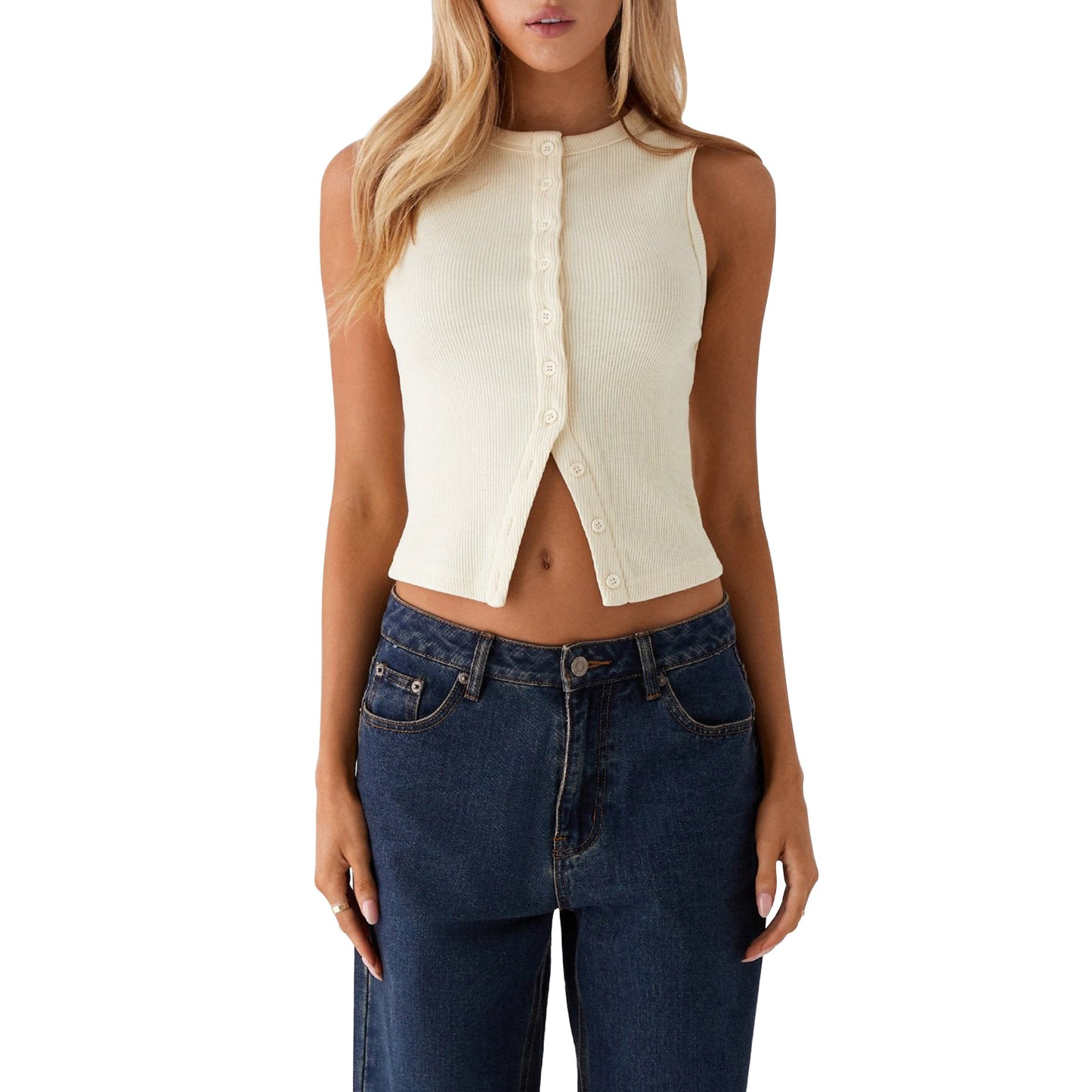 Women's Button Vest Top  Fitted, V Hem, Sleeveless, Going Out Top