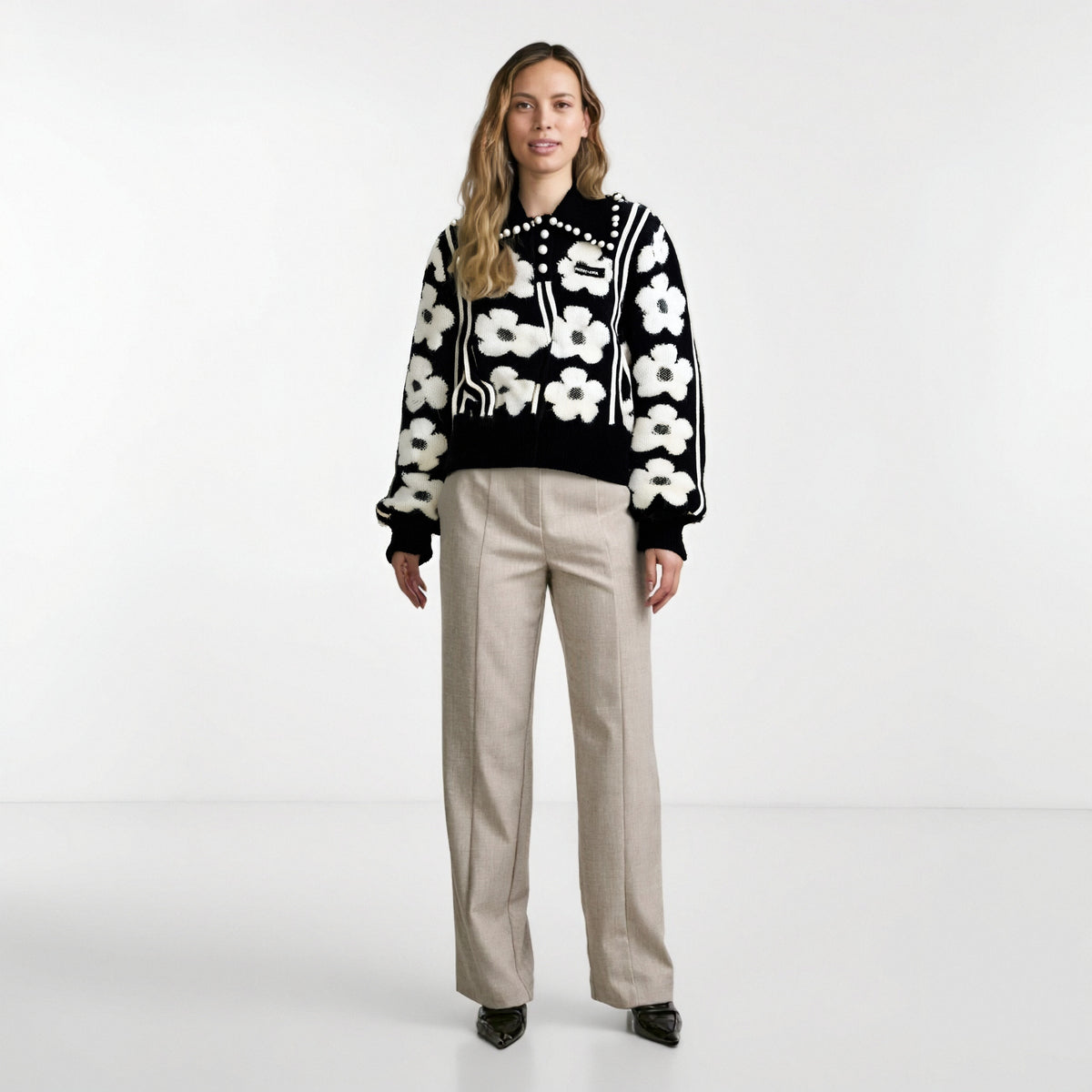 Maeve & Co Women's Embellished Jumper - Pearl Beaded Floral Knit Pullover, Long Sleeve, Black