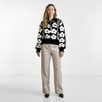 Maeve & Co Women's Embellished Jumper - Pearl Beaded Floral Knit Pullover, Long Sleeve, Black