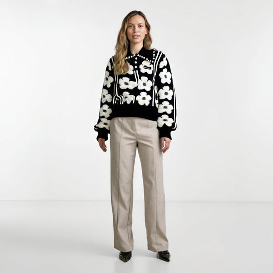 Maeve & Co Women's Embellished Jumper - Pearl Beaded Floral Knit Pullover, Long Sleeve, Black