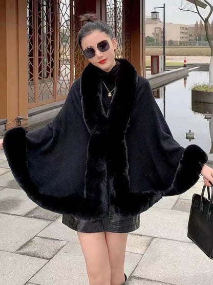 Maeve & Co Women's Faux Fur Trim Cape - Open-Front Poncho Coat