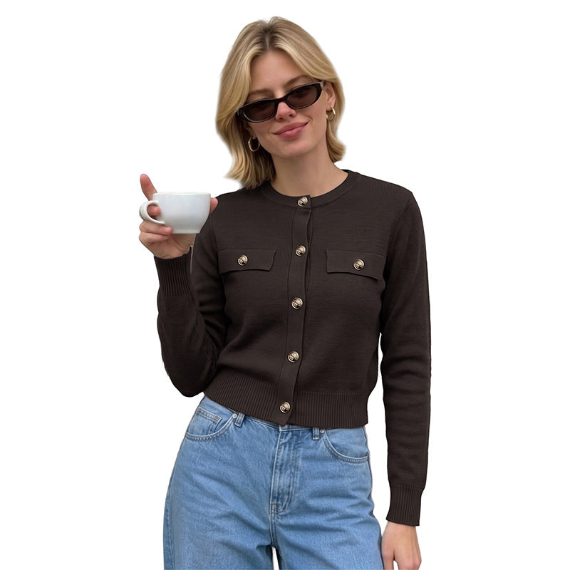 Maeve & Co Women's Brown Cardigan - Slim Fit Crew Neck Knitted Cardigan, Long Sleeve
