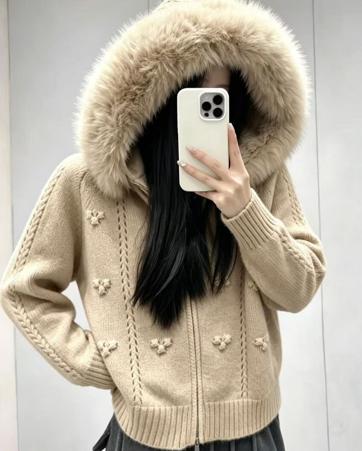 Maeve & Co Women's Faux Fur Hooded Cardigan - Zip-Up Knitted Cardigan Jacket