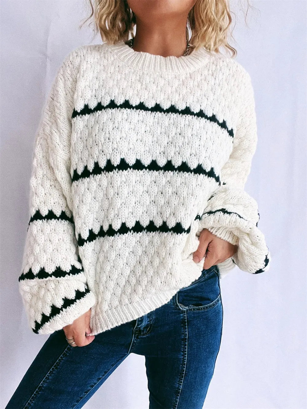 Maeve Women's Knitted Jumper - Contrast Stripe Crew-Neck