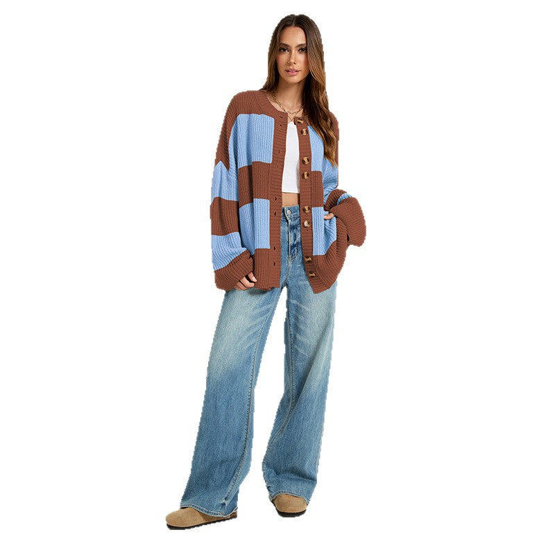 Maeve & Co Women's Striped Cardigan - Crew Neck Patchwork Knitted Cardigan, Colour Block