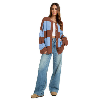 Maeve & Co Women's Striped Cardigan - Crew Neck Patchwork Knitted Cardigan, Colour Block