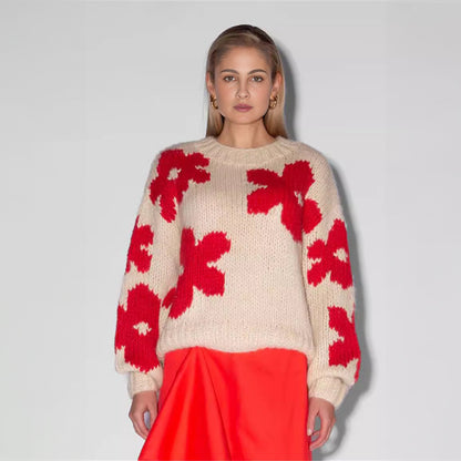 Maeve & Co Women's Floral Jumper - Crew Neck Ribbed Sleeve Chunky Knit Pullover, White & Red