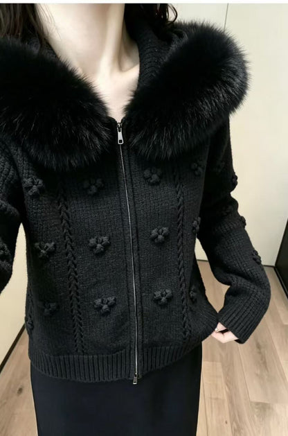 Maeve & Co Women's Faux Fur Hooded Cardigan - Zip-Up Knitted Cardigan Jacket