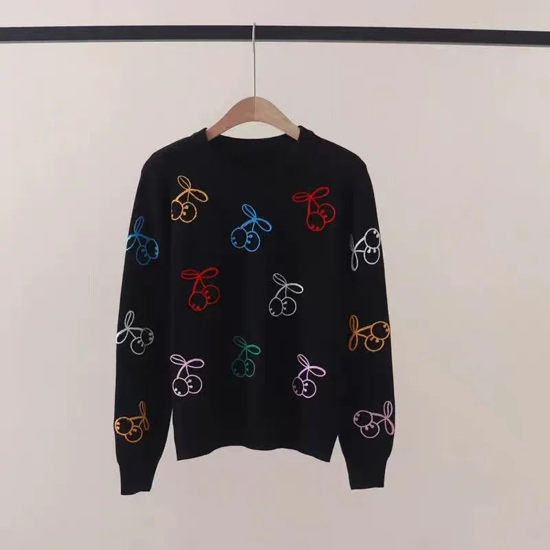 Maeve & Co Women's Cherry Jumper - Embroidered Crew Neck Loose Knit Pullover