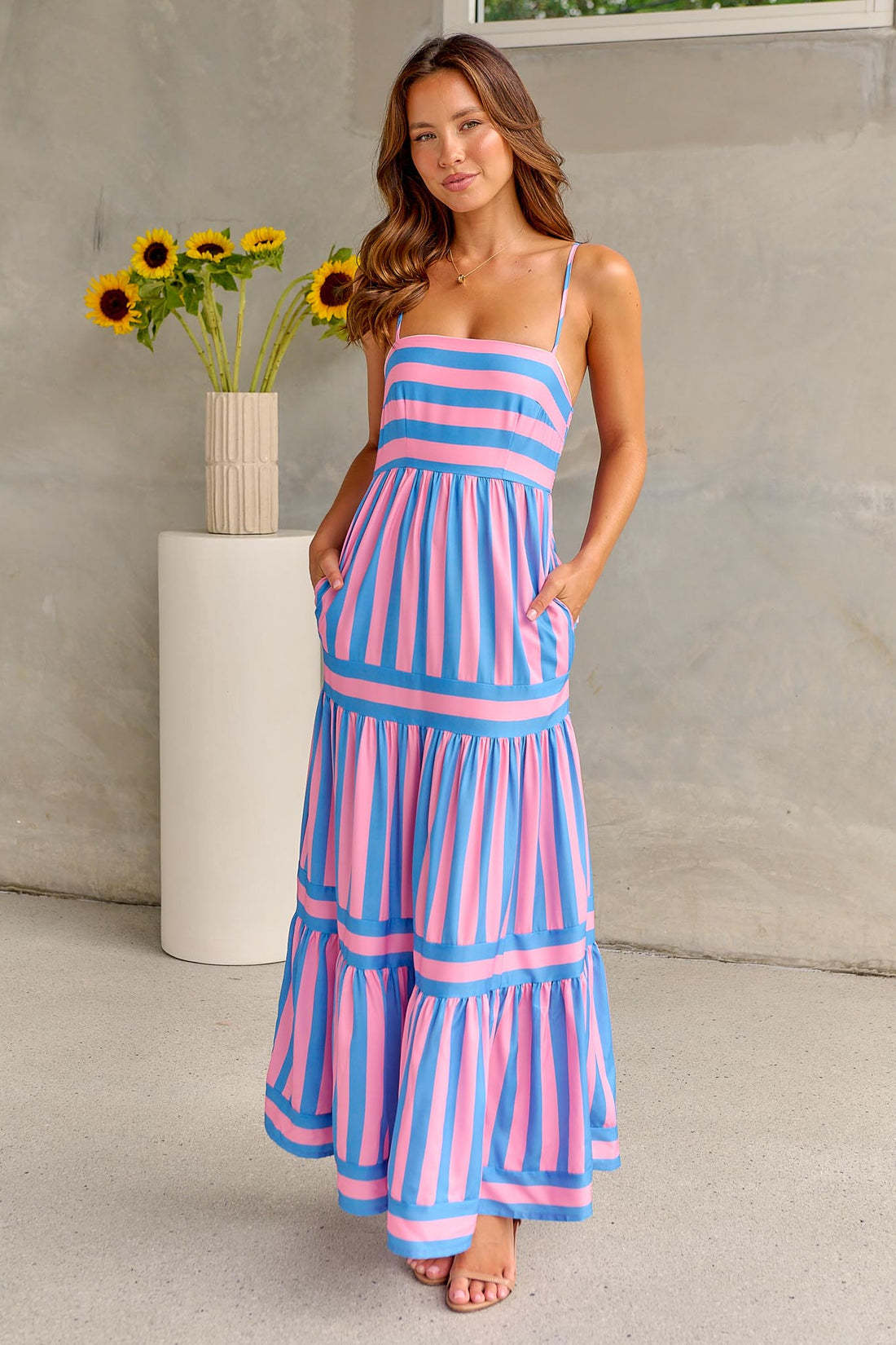 Women's Maxi Dress Backless, Tiered, Striped, Summer Sundress