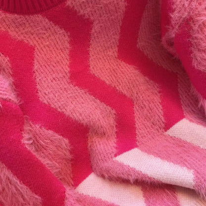 Maeve & Co Women's Fluffy Jumper - Wave Stripe Crew Neck Oversized Knit Pullover, Pink