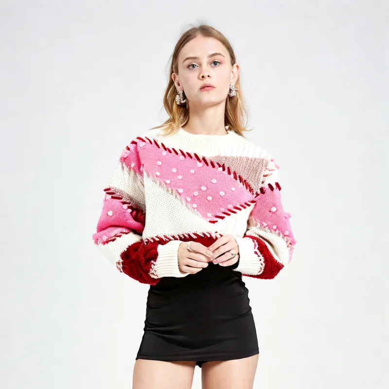 Maeve & Co Women's Colour Block Jumper - Crew Neck Knit Pullover, Long Sleeve, Beige