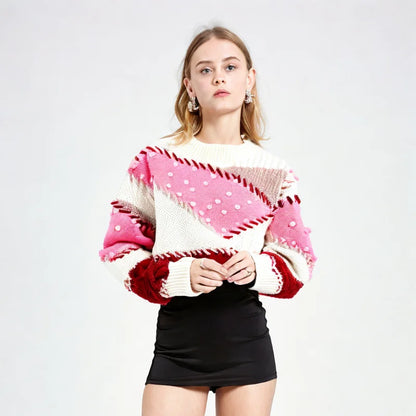 Maeve & Co Women's Colour Block Jumper - Crew Neck Knit Pullover, Long Sleeve, Beige