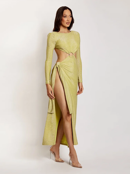 Maeve & Co Women's Gold Maxi Dress - Cut-Out Waist Backless High Slit Cocktail Dress