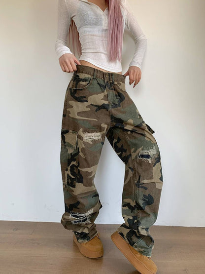 Maeve Women's Cargo Trousers - Camouflage Distressed Straight-Leg