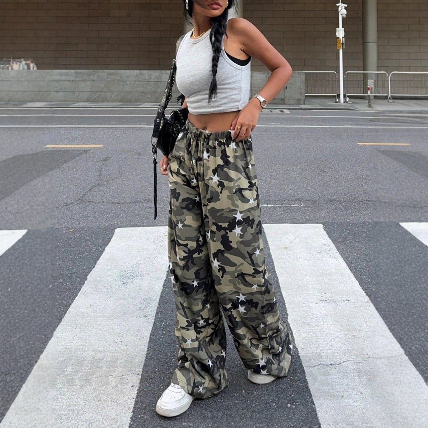 Maeve Women's Wide-Leg Trousers - Camouflage Mid-Rise Stretch
