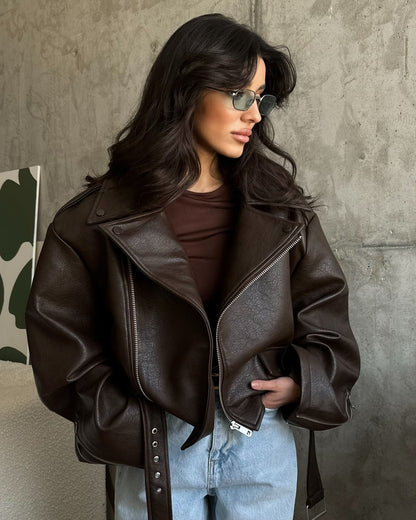 Maeve Women's Leather Jacket - Lapel Long-Sleeve Relaxed-Fit, Brown