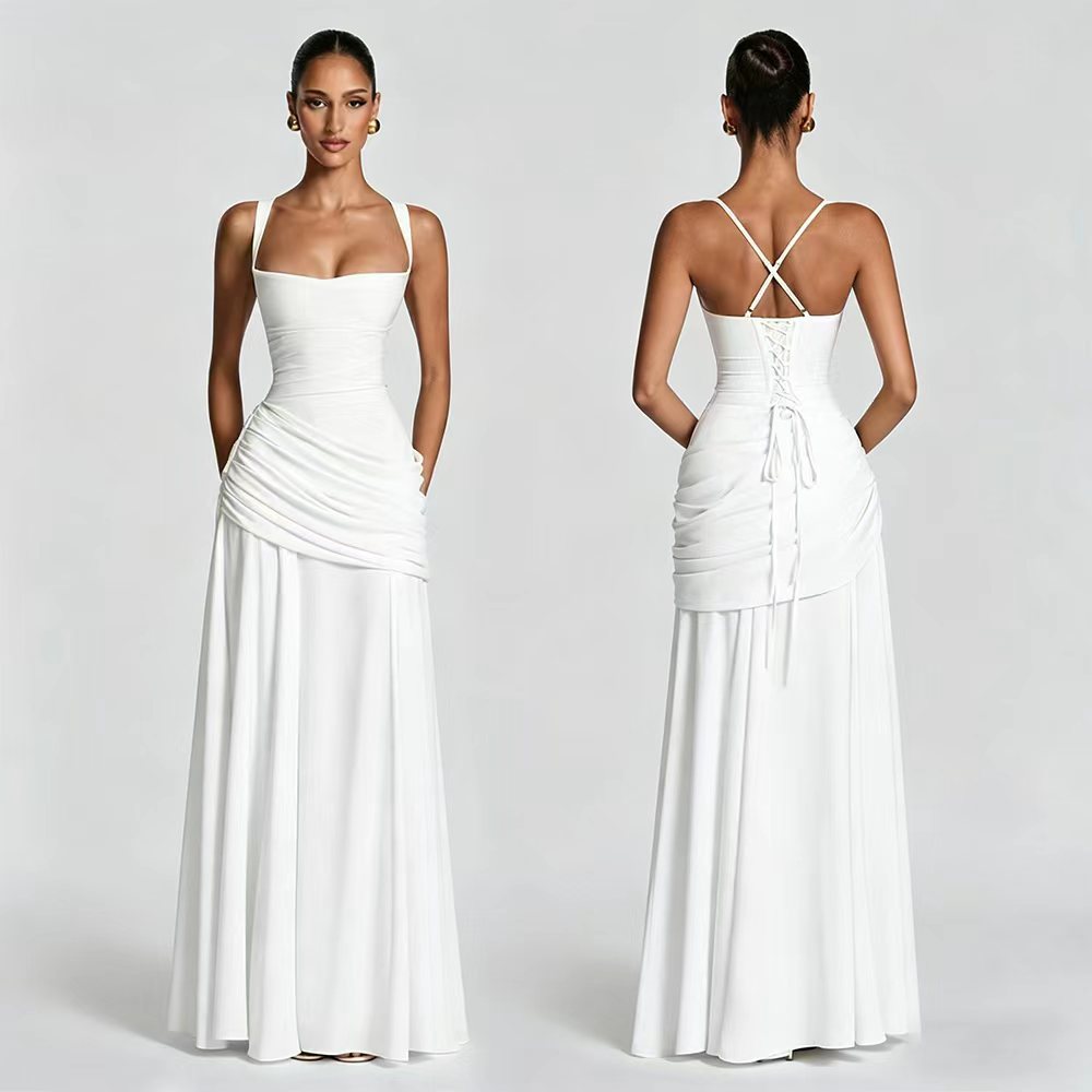 Women's Maxi Dress  Chiffon, Square Neck, Ruched Bodice, Lace-Up Back