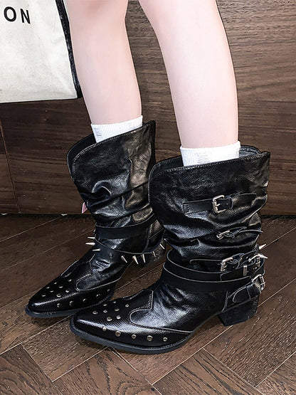 Maeve Women's Studded Western Boots - Pointed Toe, Buckle, Black