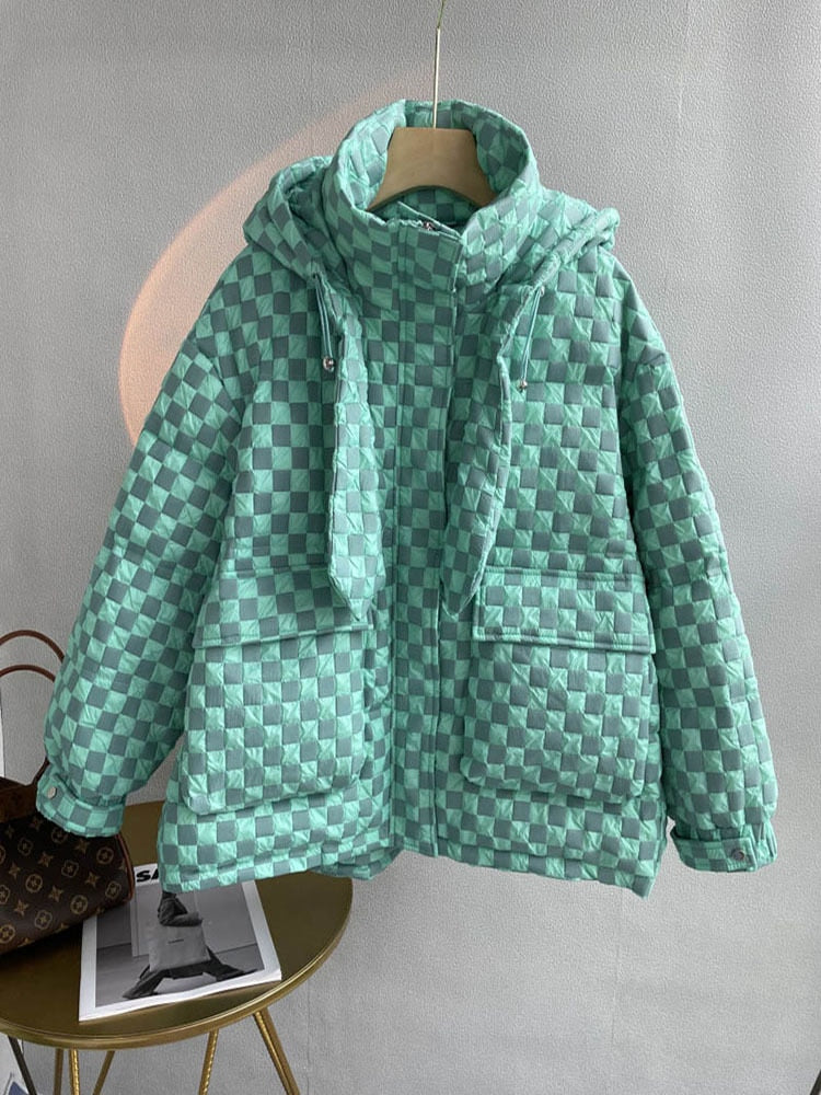 Maeve & Co Women's Puffer Jacket - Jacquard Check Hooded Zip-Up Short Padded Coat