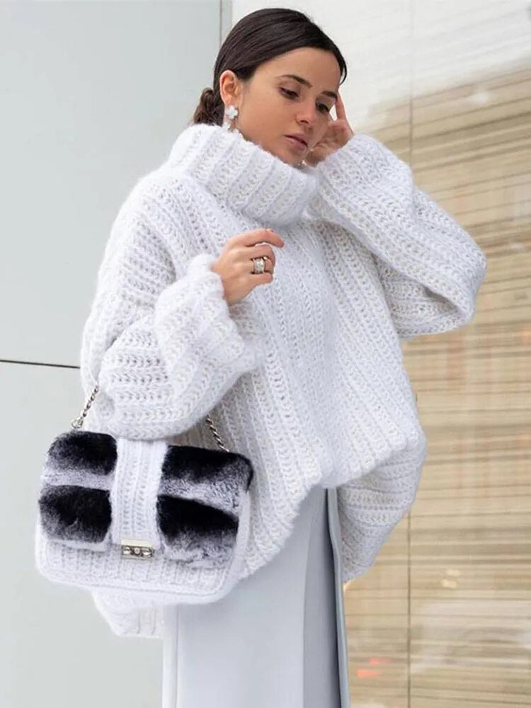 Maeve & Co Women's Roll Neck Jumper - Chunky Crochet Knit High Neck Pullover