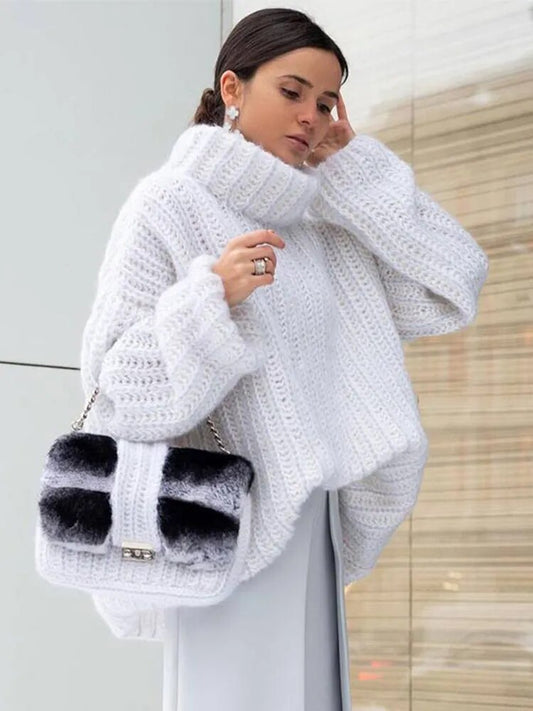 Maeve & Co Women's Roll Neck Jumper - Chunky Crochet Knit High Neck Pullover