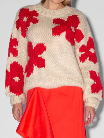 Maeve & Co Women's Floral Jumper - Crew Neck Ribbed Sleeve Chunky Knit Pullover, White & Red