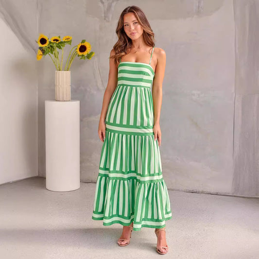 Women's Maxi Dress Backless, Tiered, Striped, Summer Sundress