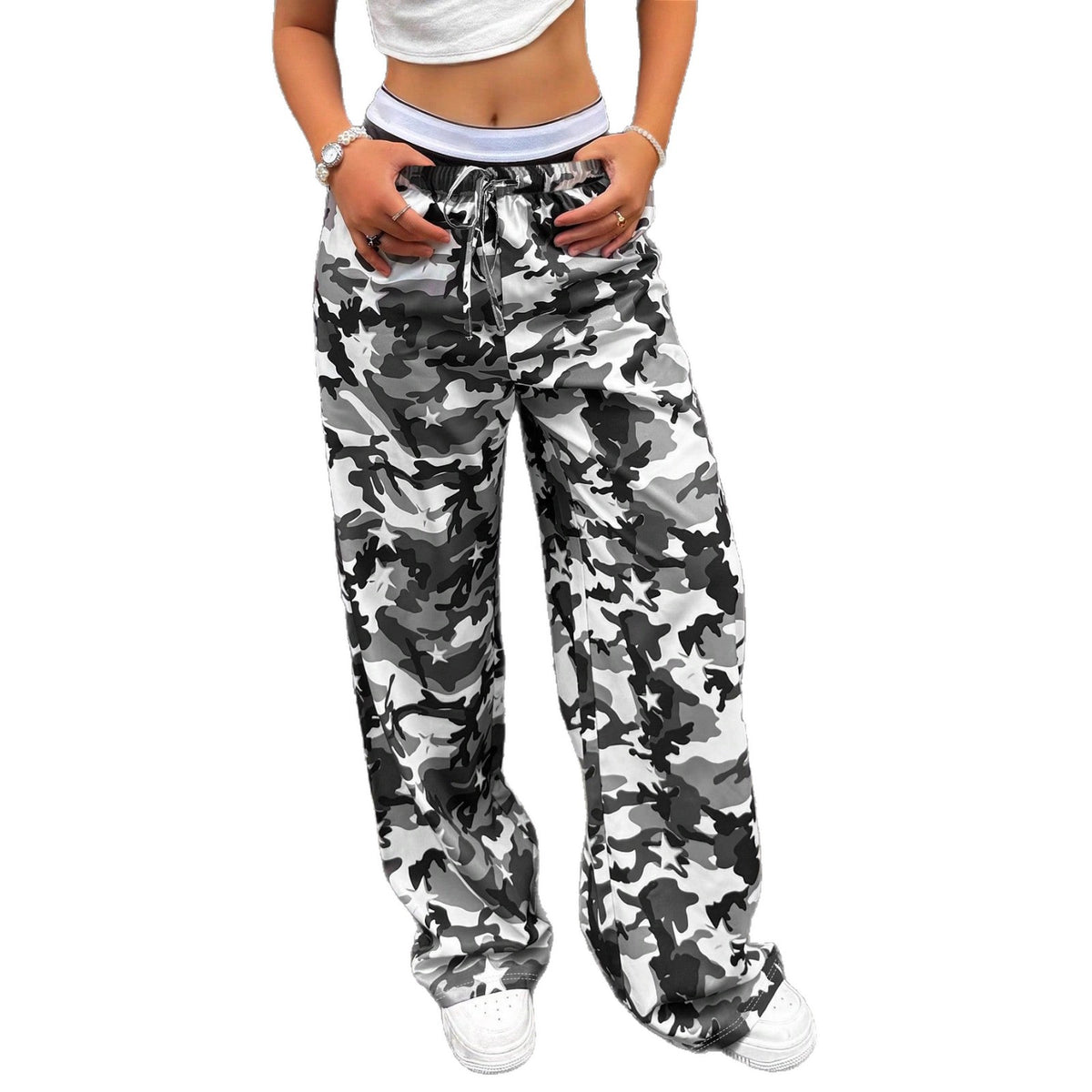 Maeve Women's Wide-Leg Trousers - Camouflage Mid-Rise Stretch