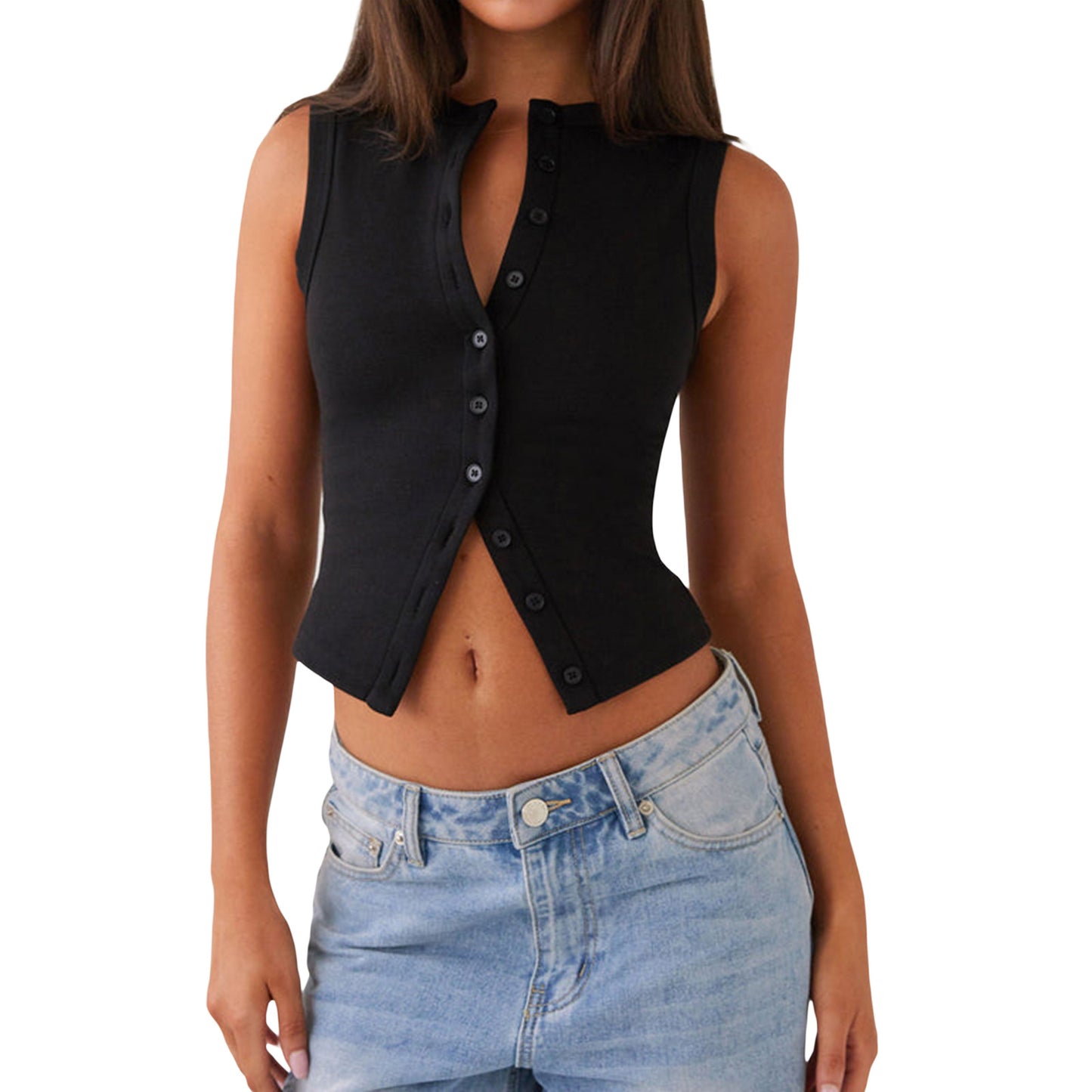 Women's Button Vest Top  Fitted, V Hem, Sleeveless, Going Out Top