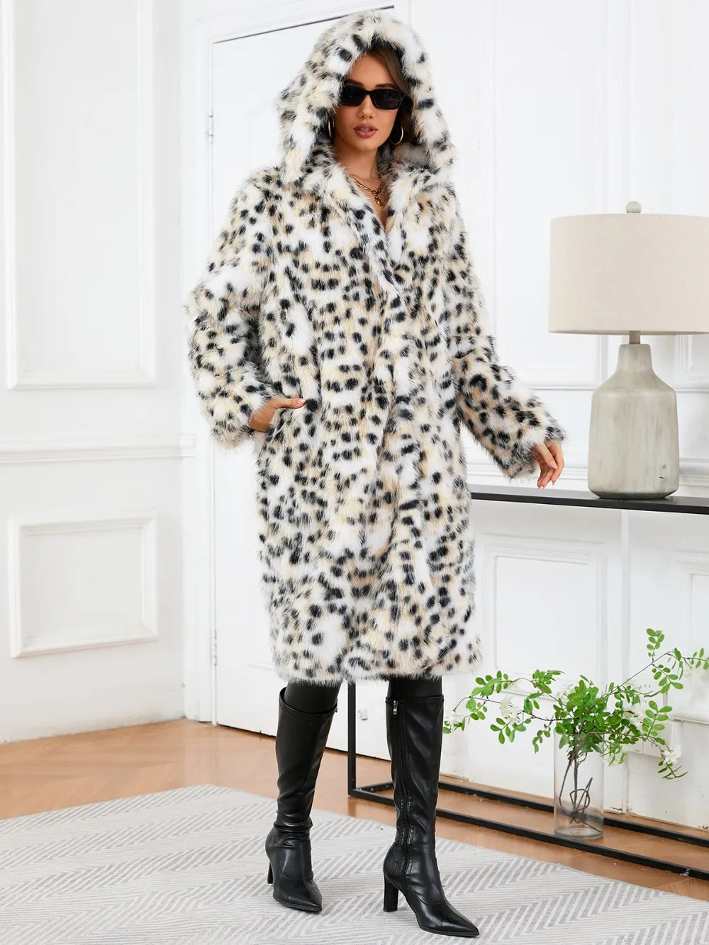 Maeve & Co Women's Faux Fur Jacket - Leopard Print Hooded Faux Fur Coat, White
